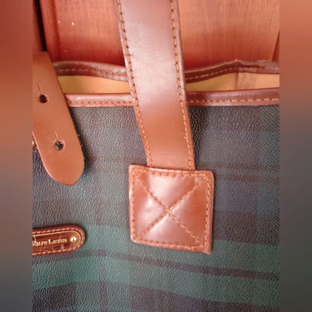 Vintage Green Plaid Tote Bag with Brown Leather Handles Polo Ralph Lauren - Picture 4 of 13